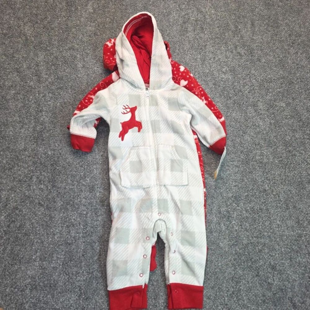 Baby Holiday Reindeer Fleece Hooded Romper Red White 3-6 Months